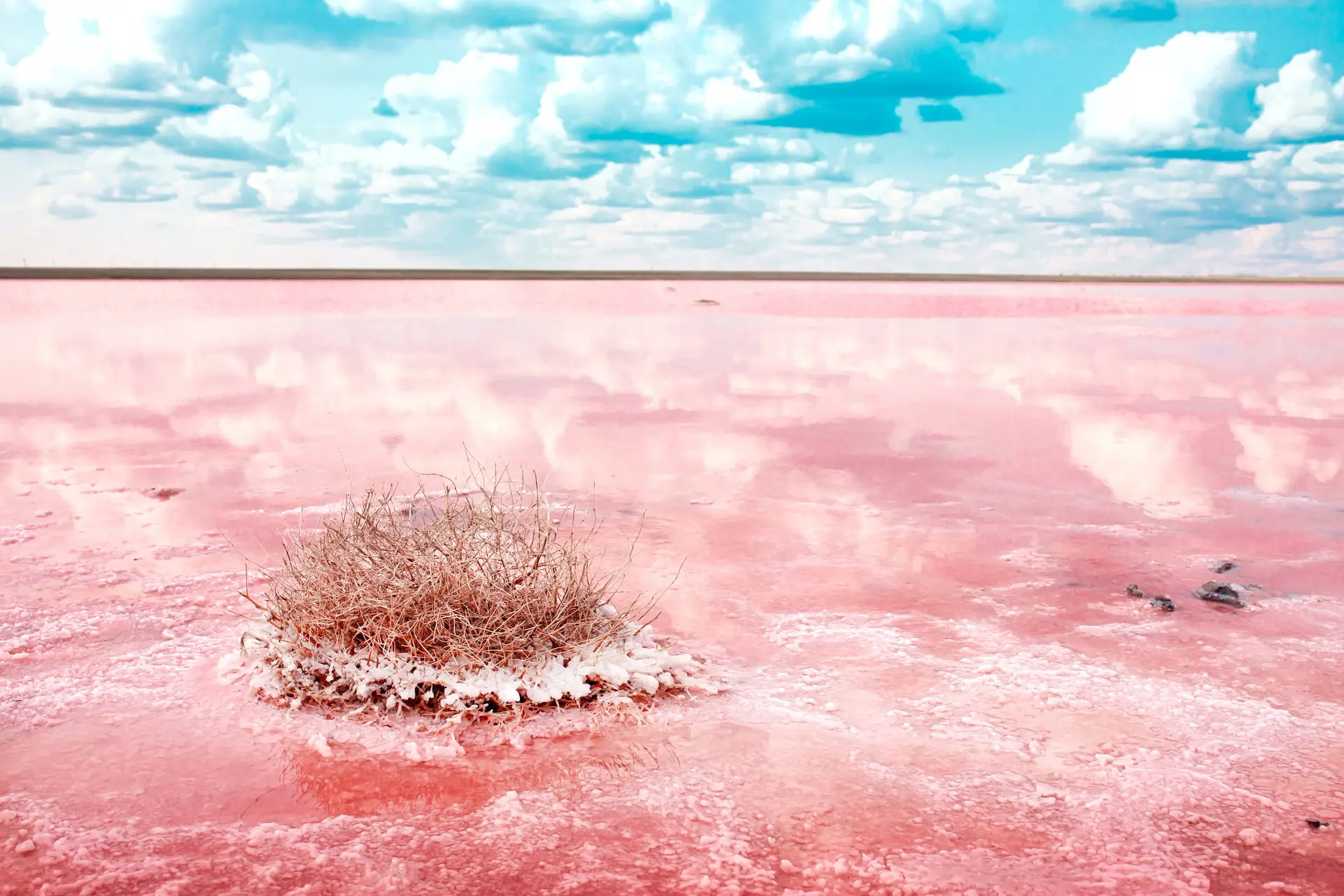 V období sucha se jezero zbarvuje do červena a pokrývá solí. Foto: Vera Larina / Shutterstock