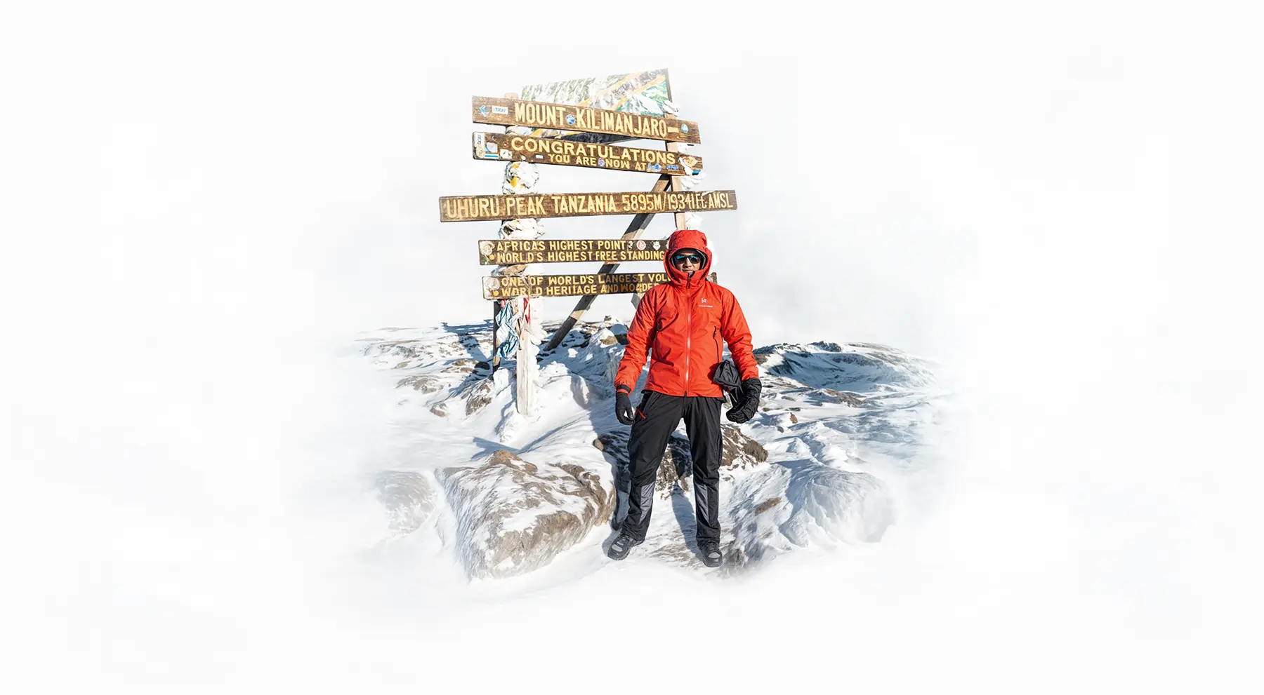 Horolezec u cedule na vrcholu Uhuru Peak na Kilimandžáru Horolezec u cedule na vrcholu Uhuru Peak na Kilimandžáru
